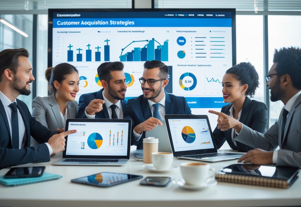 A group of business professionals collaborating around a table with laptops and digital screens showing customer acquisition data in a bright office.