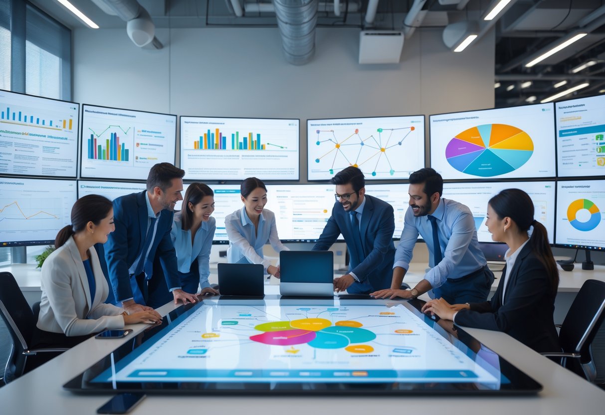 A group of business professionals collaborating around a digital touchscreen table displaying referral marketing data and charts in a modern office.