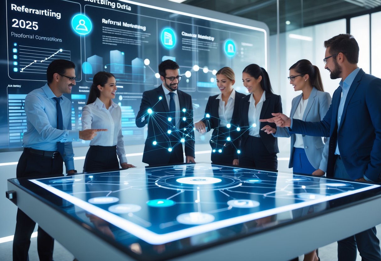A group of business professionals collaborating around a digital touchscreen table displaying referral marketing data and network connections in a modern office.