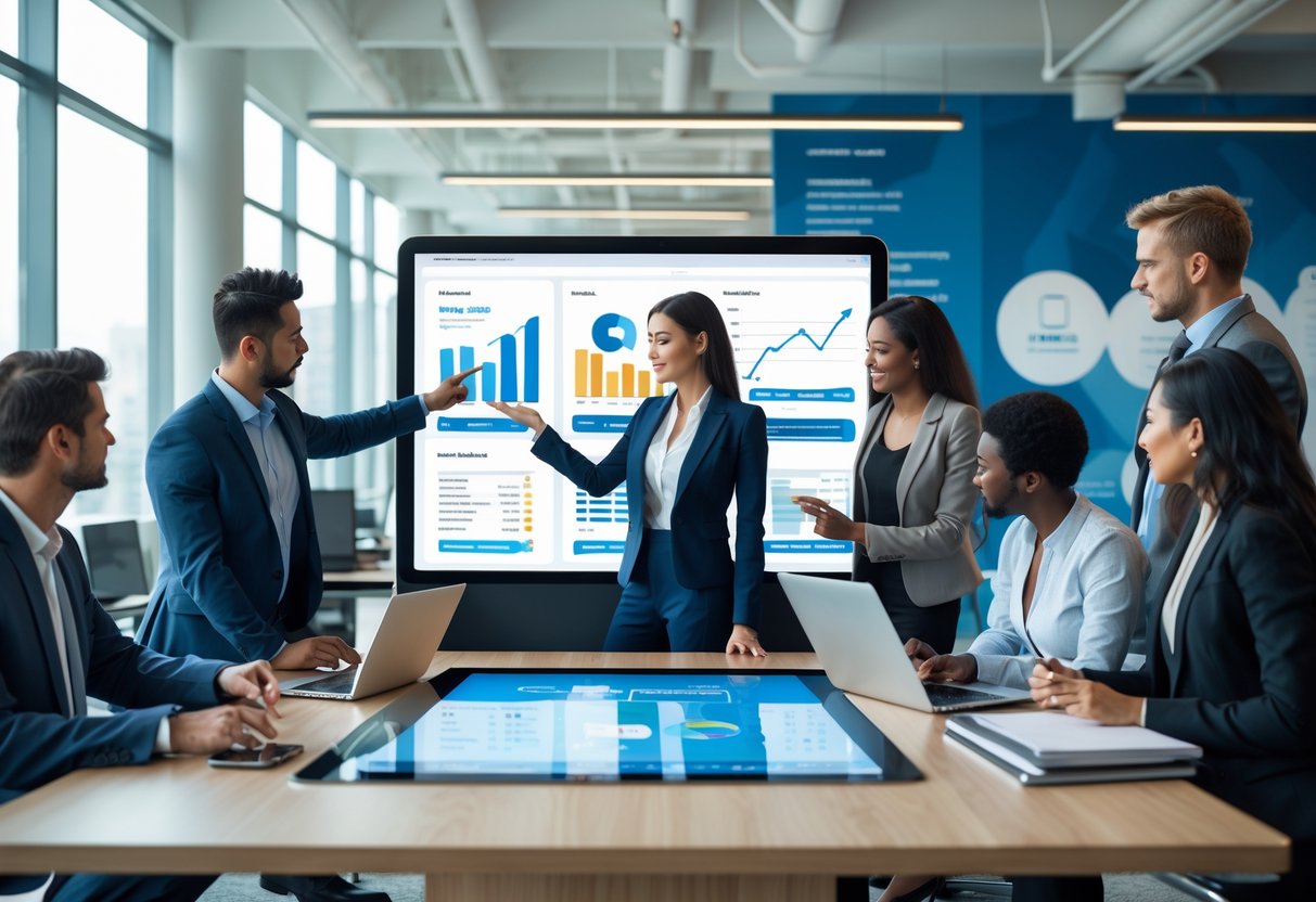 A group of business professionals discussing data on a digital touchscreen table in a modern office.