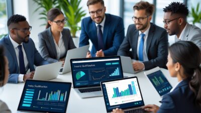 Business professionals collaborating around a table using laptops and tablets displaying data in a modern office.