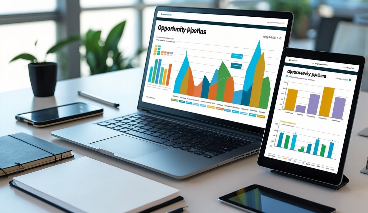 A workspace with a laptop and tablet showing charts and data, surrounded by office supplies in a bright office setting.