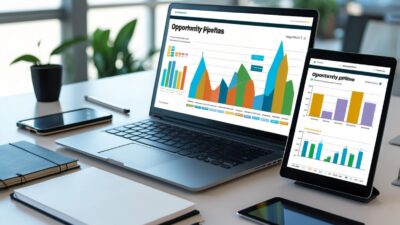 A workspace with a laptop and tablet showing charts and data, surrounded by office supplies in a bright office setting.