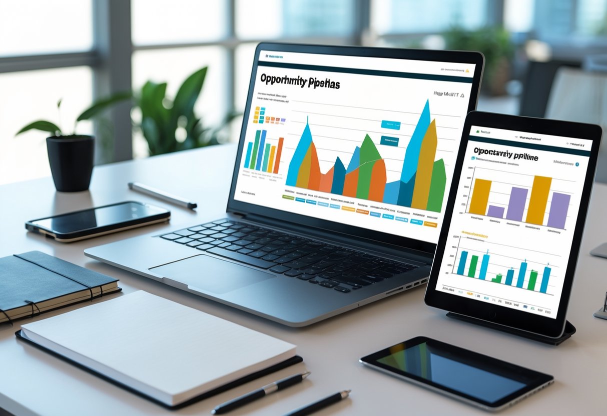 A workspace with a laptop and tablet showing charts and data, surrounded by office supplies in a bright office setting.