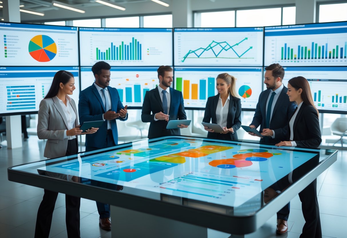 Business professionals collaborating around a digital touchscreen table displaying sales pipeline charts and data in a modern office.