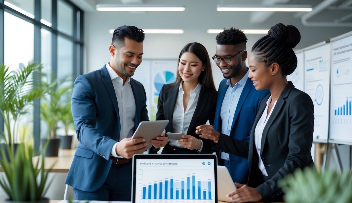 A diverse group of business professionals collaborating in a modern office, reviewing charts and data together.