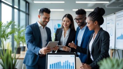 A diverse group of business professionals collaborating in a modern office, reviewing charts and data together.
