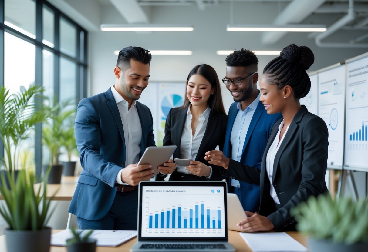 A diverse group of business professionals collaborating in a modern office, reviewing charts and data together.