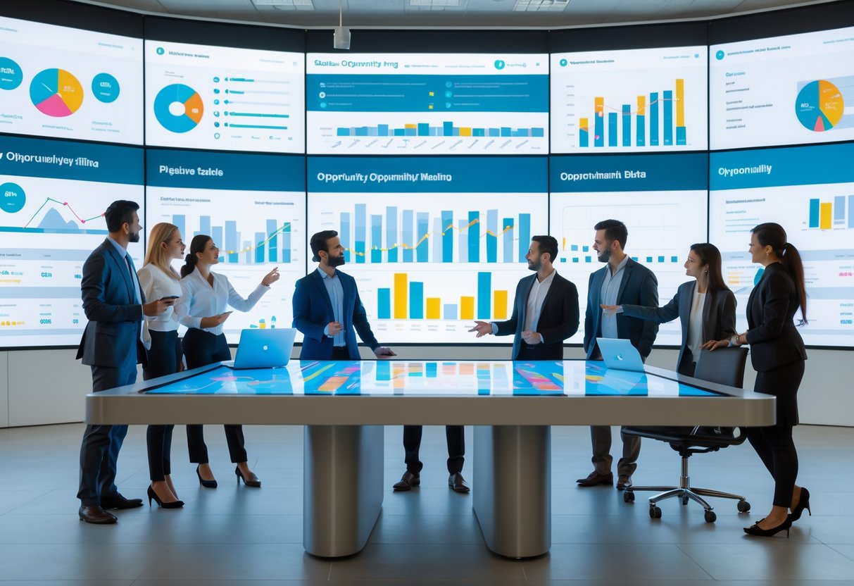 A group of business professionals collaborating around a digital touchscreen table displaying colorful graphs and charts in a bright office with large monitors showing data analytics.