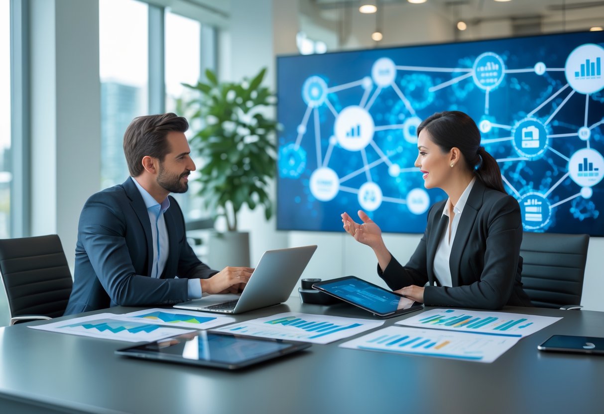 Two business professionals discussing documents and digital data in a modern office setting.