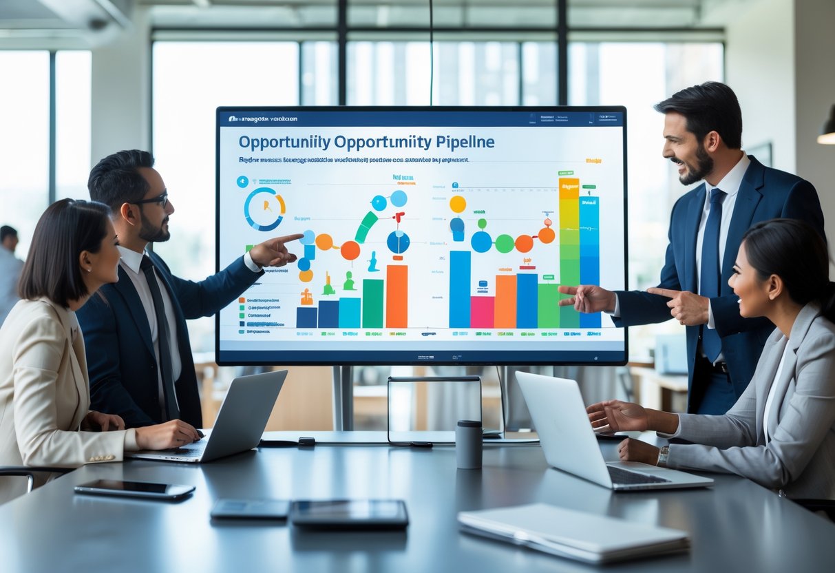 Business professionals collaborating around a digital touchscreen table displaying colorful sales opportunity pipeline charts in a bright office.