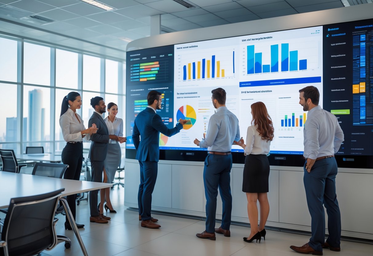 A group of business professionals collaborating around a digital touchscreen table displaying data charts and graphs in a modern office setting.