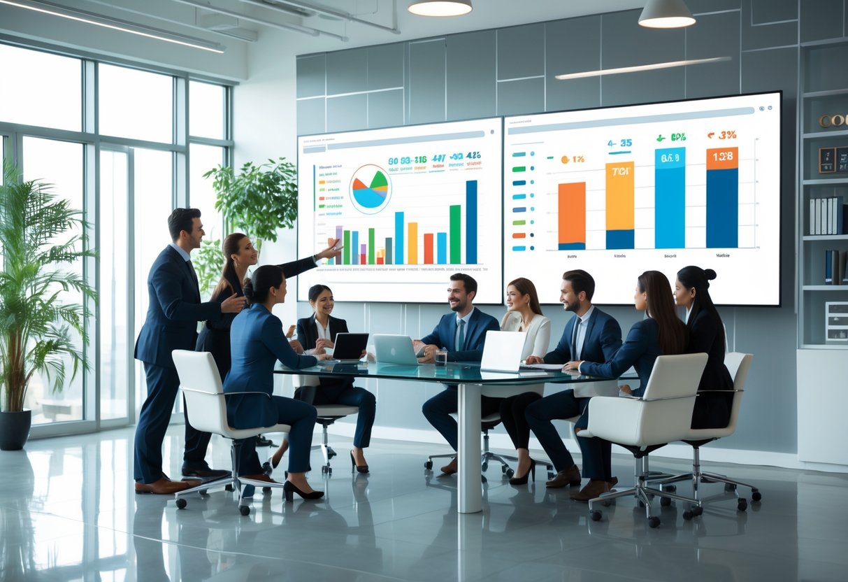 A group of business professionals collaborating around a table with laptops and digital charts showing data visualizations in a bright office.