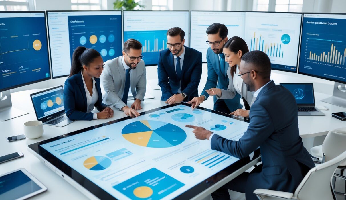 A diverse team of professionals collaborating around a digital touchscreen table displaying data and charts in a modern office with multiple monitors showing analytics and automated workflows.