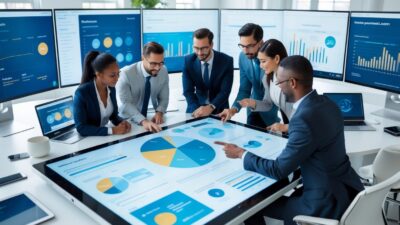 A diverse team of professionals collaborating around a digital touchscreen table displaying data and charts in a modern office with multiple monitors showing analytics and automated workflows.