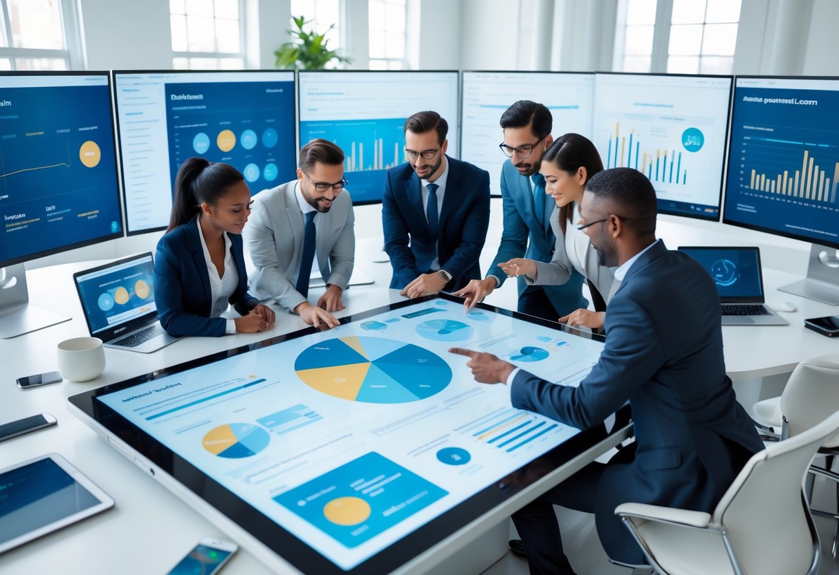 A diverse team of professionals collaborating around a digital touchscreen table displaying data and charts in a modern office with multiple monitors showing analytics and automated workflows.