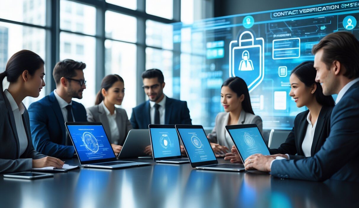 Business professionals working together with digital devices displaying contact verification interfaces in a modern office setting.