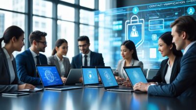 Business professionals working together with digital devices displaying contact verification interfaces in a modern office setting.