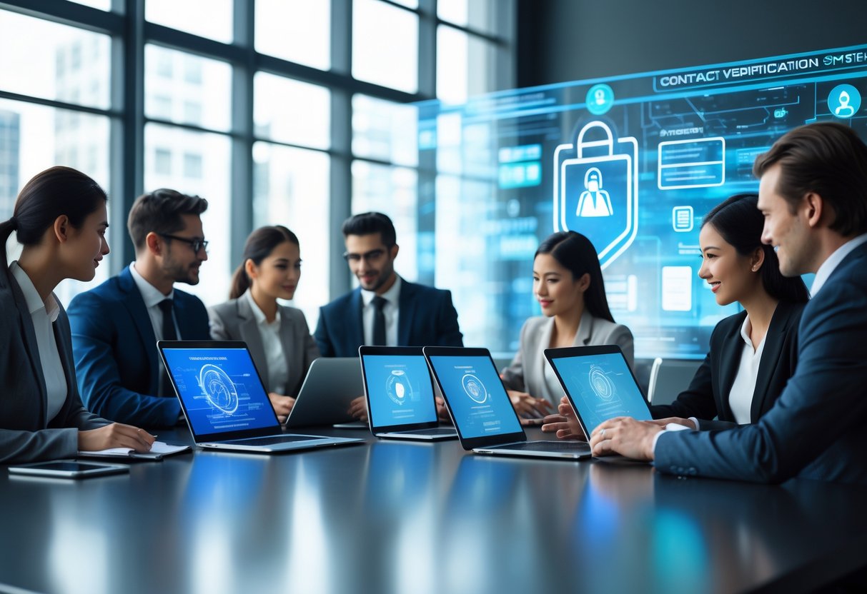 Business professionals working together with digital devices displaying contact verification interfaces in a modern office setting.