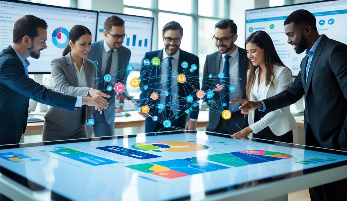 Business professionals collaborating around a digital touchscreen table displaying charts and automated workflows in a bright office.
