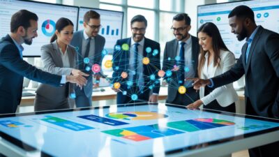 Business professionals collaborating around a digital touchscreen table displaying charts and automated workflows in a bright office.