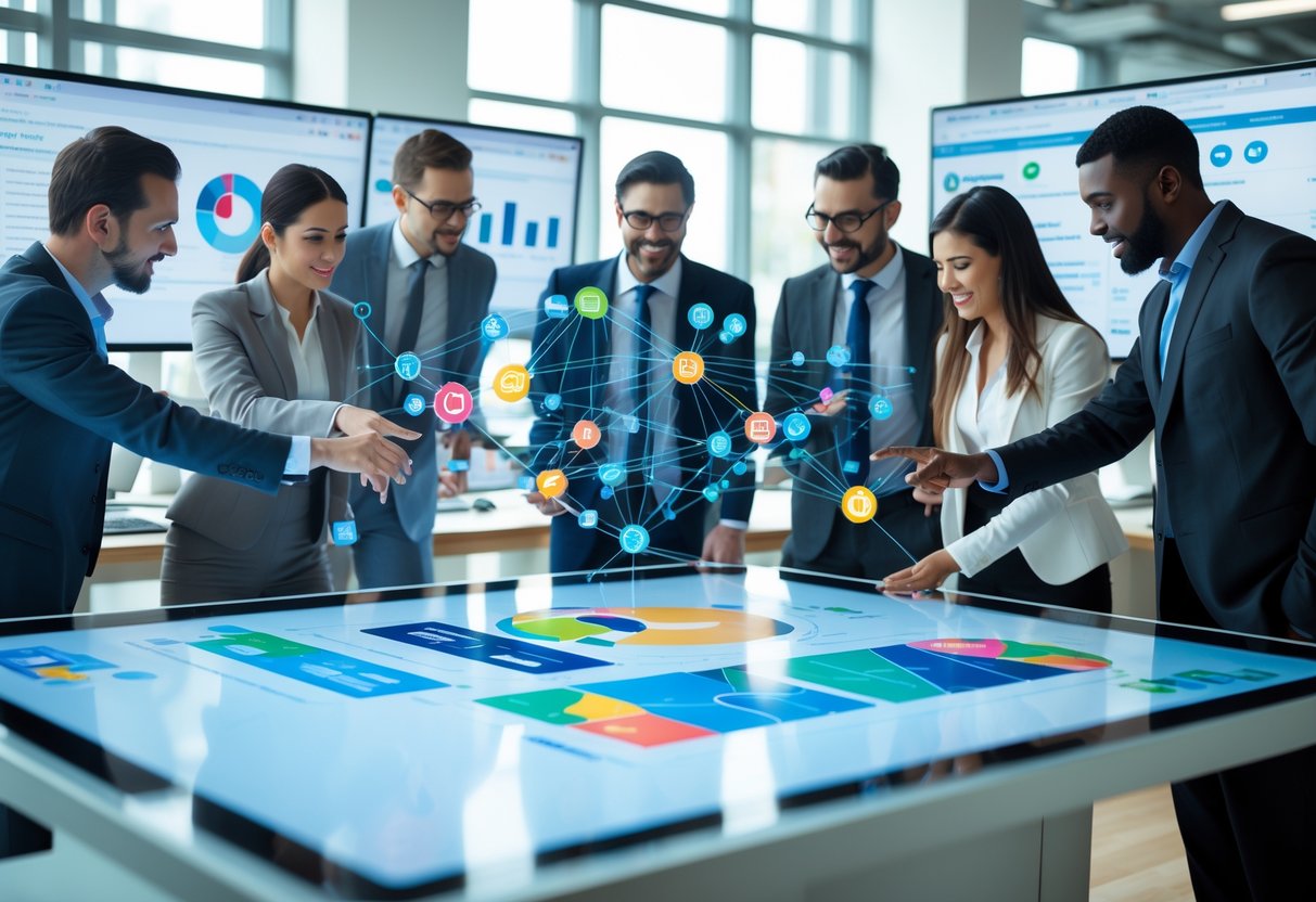 Business professionals collaborating around a digital touchscreen table displaying charts and automated workflows in a bright office.