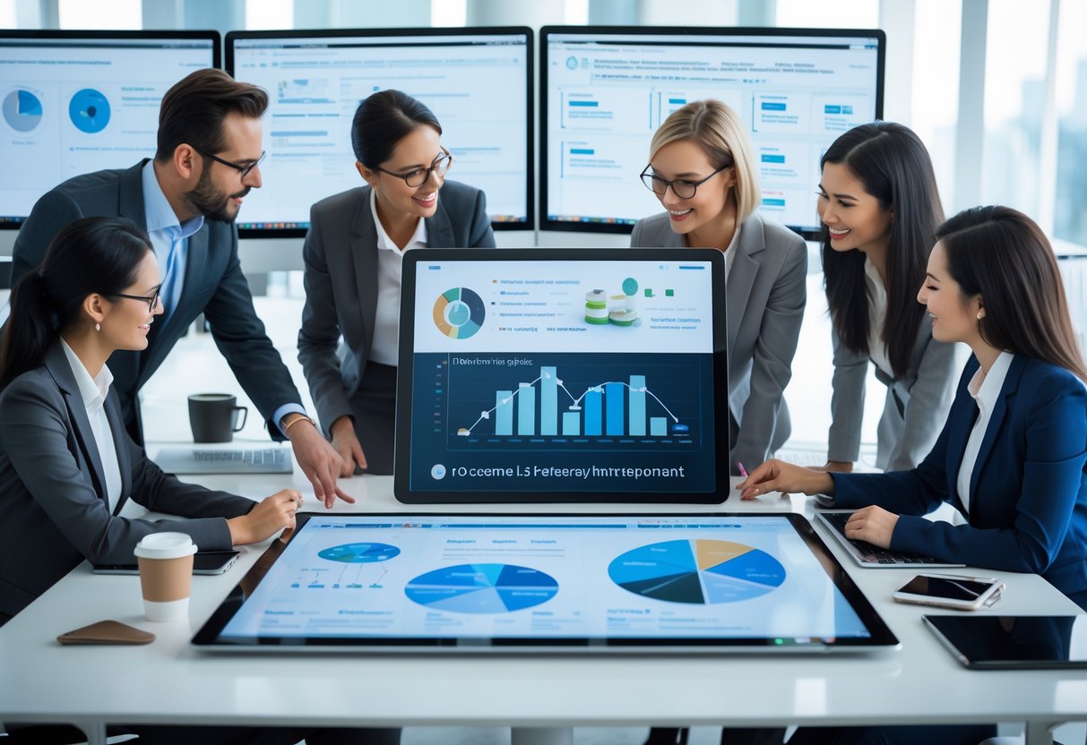 Business professionals collaborating around a digital touchscreen table displaying data visualizations and CRM dashboards in a modern office.