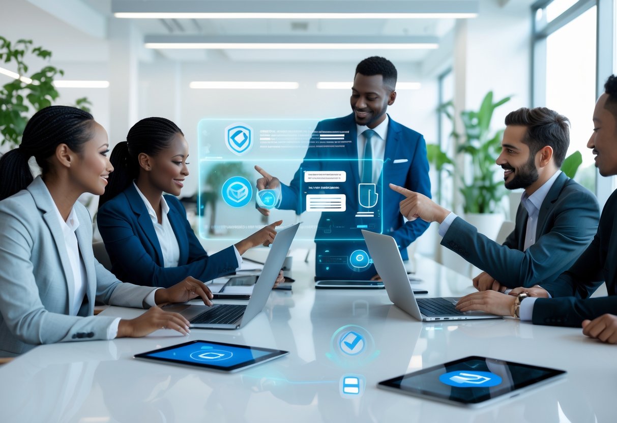 Business professionals collaborating around a table with digital devices and holographic data displays related to email verification and security.