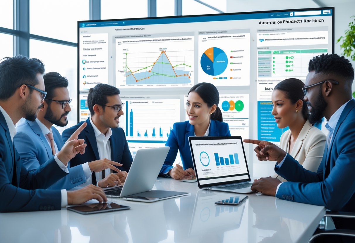 A group of professionals collaborating around a table with laptops and digital screens displaying data and analytics in a modern office.