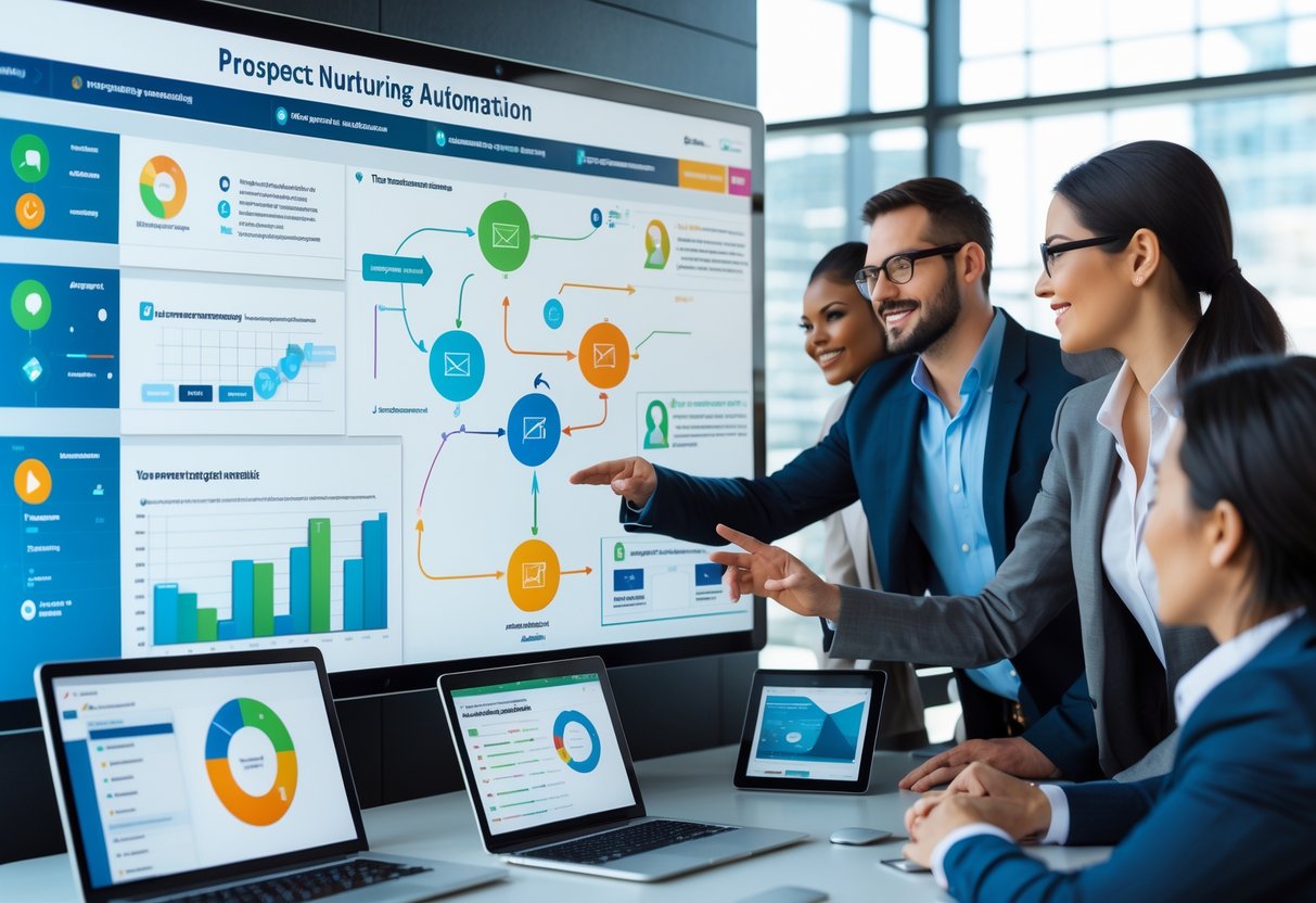A team of business professionals collaborating around a digital touchscreen showing flowcharts and data dashboards representing automated prospect nurturing workflows in a modern office.