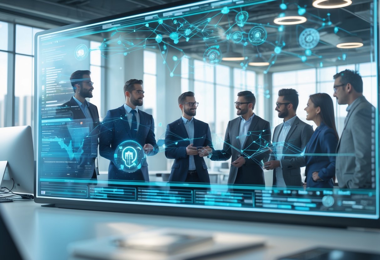 A group of professionals collaborating around a digital screen displaying data analytics and automation workflows in a modern office.