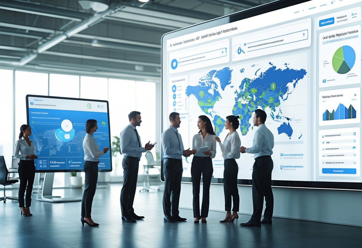 A group of business professionals working together around a digital touchscreen displaying maps and data visualizations related to contact verification.