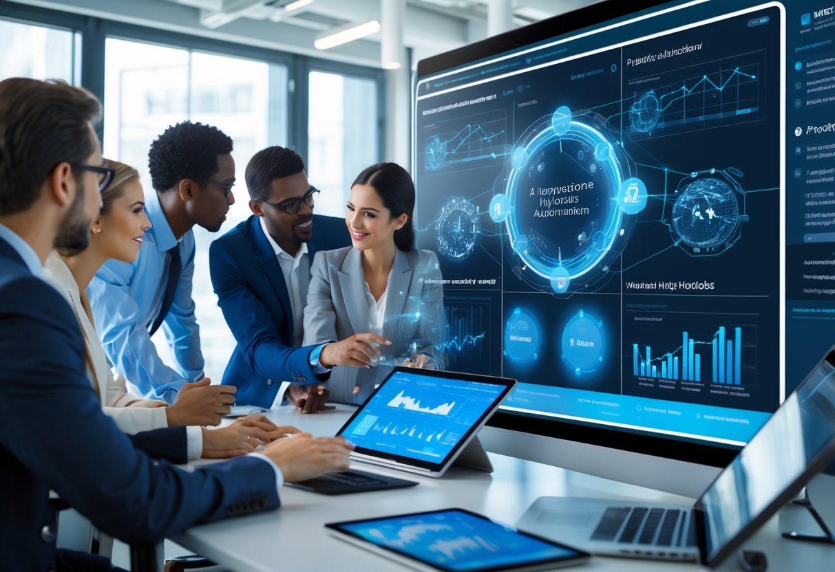 A group of business professionals working together around a digital touchscreen displaying data and automation workflows in a modern office.