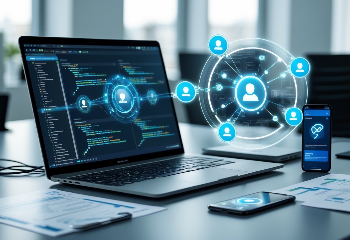 A modern workspace with a laptop displaying code and digital interfaces representing contact verification and data integration.