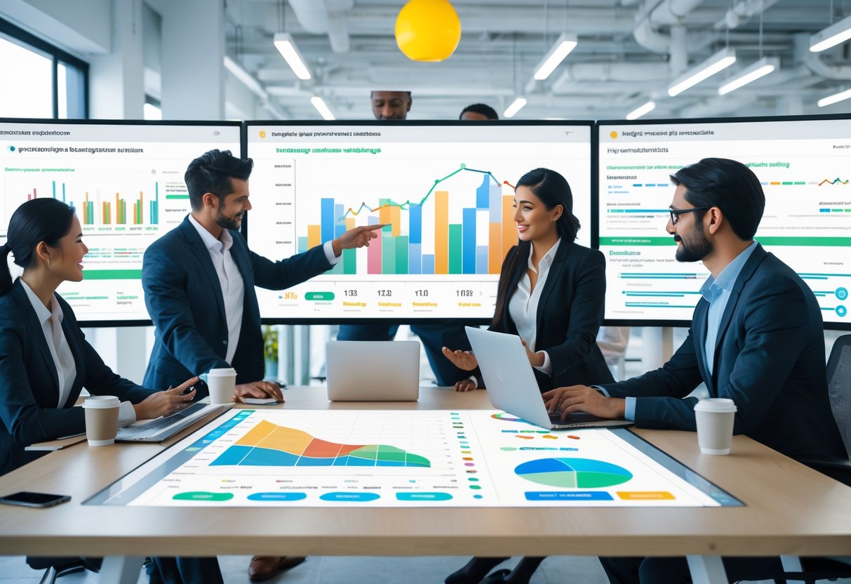 Business professionals collaborating around a digital table displaying graphs and automation workflows in a modern office.