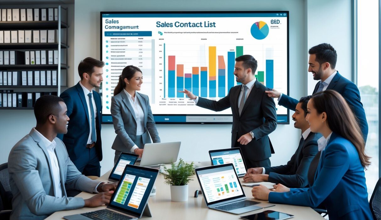 Business professionals collaborating around a table with digital devices and a large screen showing sales contact data in a modern office.