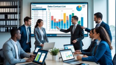 Business professionals collaborating around a table with digital devices and a large screen showing sales contact data in a modern office.