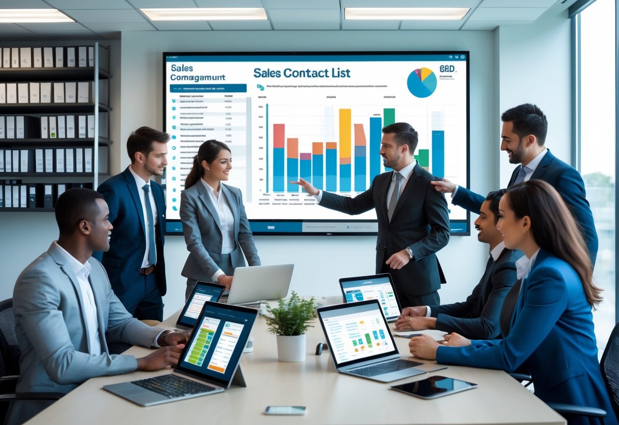 Business professionals collaborating around a table with digital devices and a large screen showing sales contact data in a modern office.