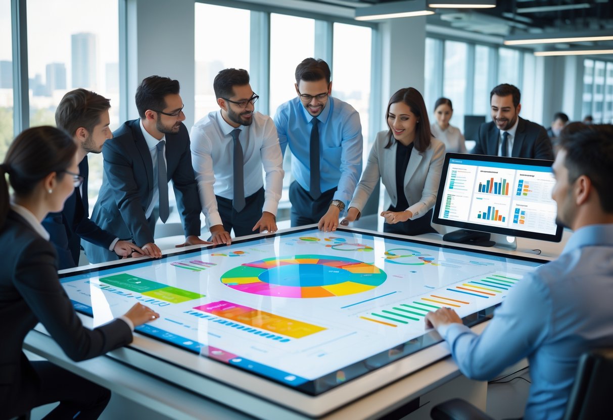 Business professionals collaborating around a digital touchscreen table displaying sales data and contact management software in a modern office.