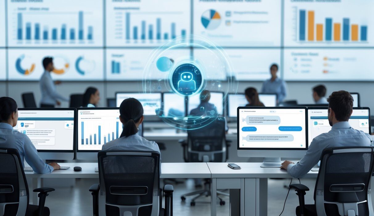Customer service representatives working with computers and a holographic interface showing automated chatbots handling customer inquiries in a modern office.