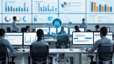 Customer service representatives working with computers and a holographic interface showing automated chatbots handling customer inquiries in a modern office.