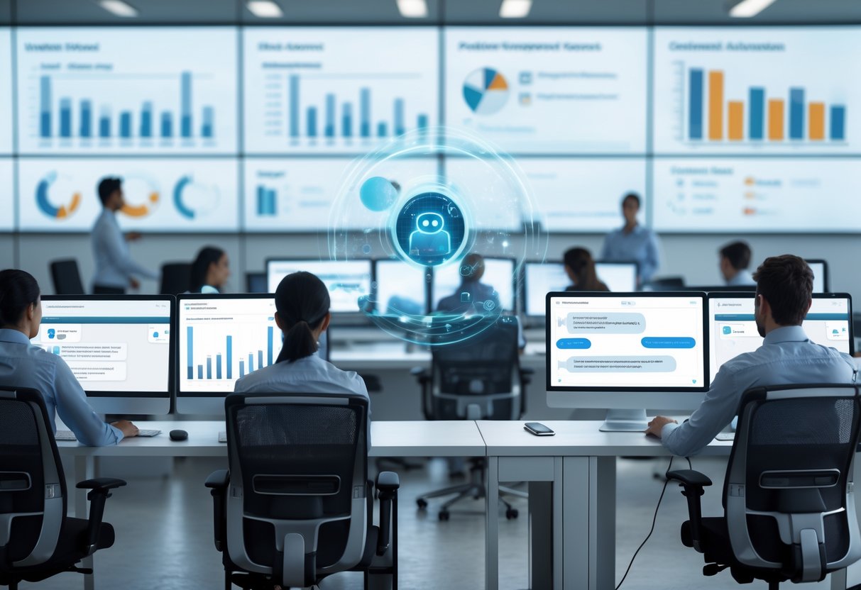 Customer service representatives working with computers and a holographic interface showing automated chatbots handling customer inquiries in a modern office.