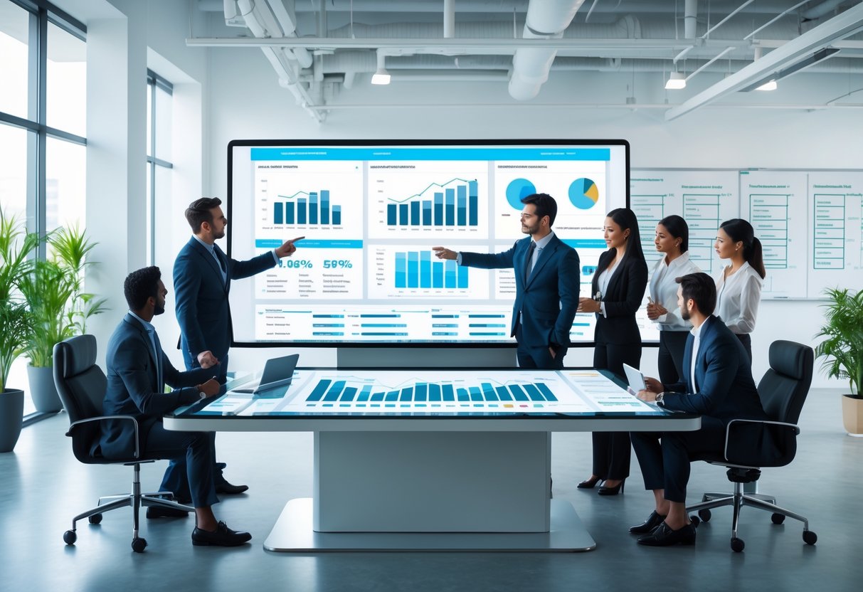 A group of business professionals collaborating around a digital touchscreen table displaying sales data and contact management in a modern office.