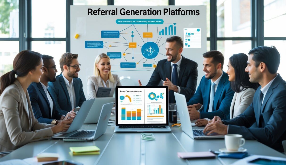 A group of business professionals collaborating around a table with laptops and devices showing graphs and charts in a modern office setting.