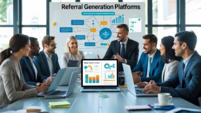 A group of business professionals collaborating around a table with laptops and devices showing graphs and charts in a modern office setting.