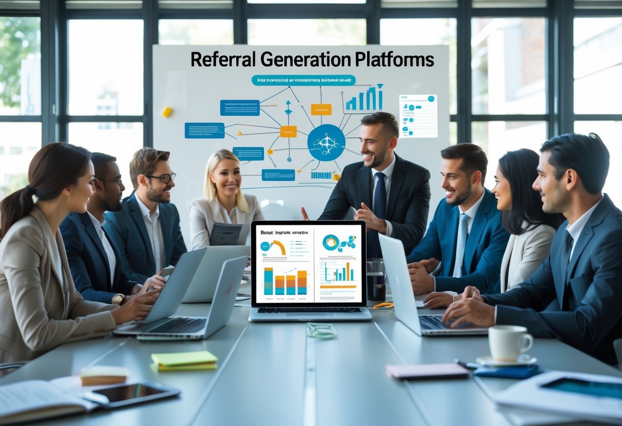 A group of business professionals collaborating around a table with laptops and devices showing graphs and charts in a modern office setting.