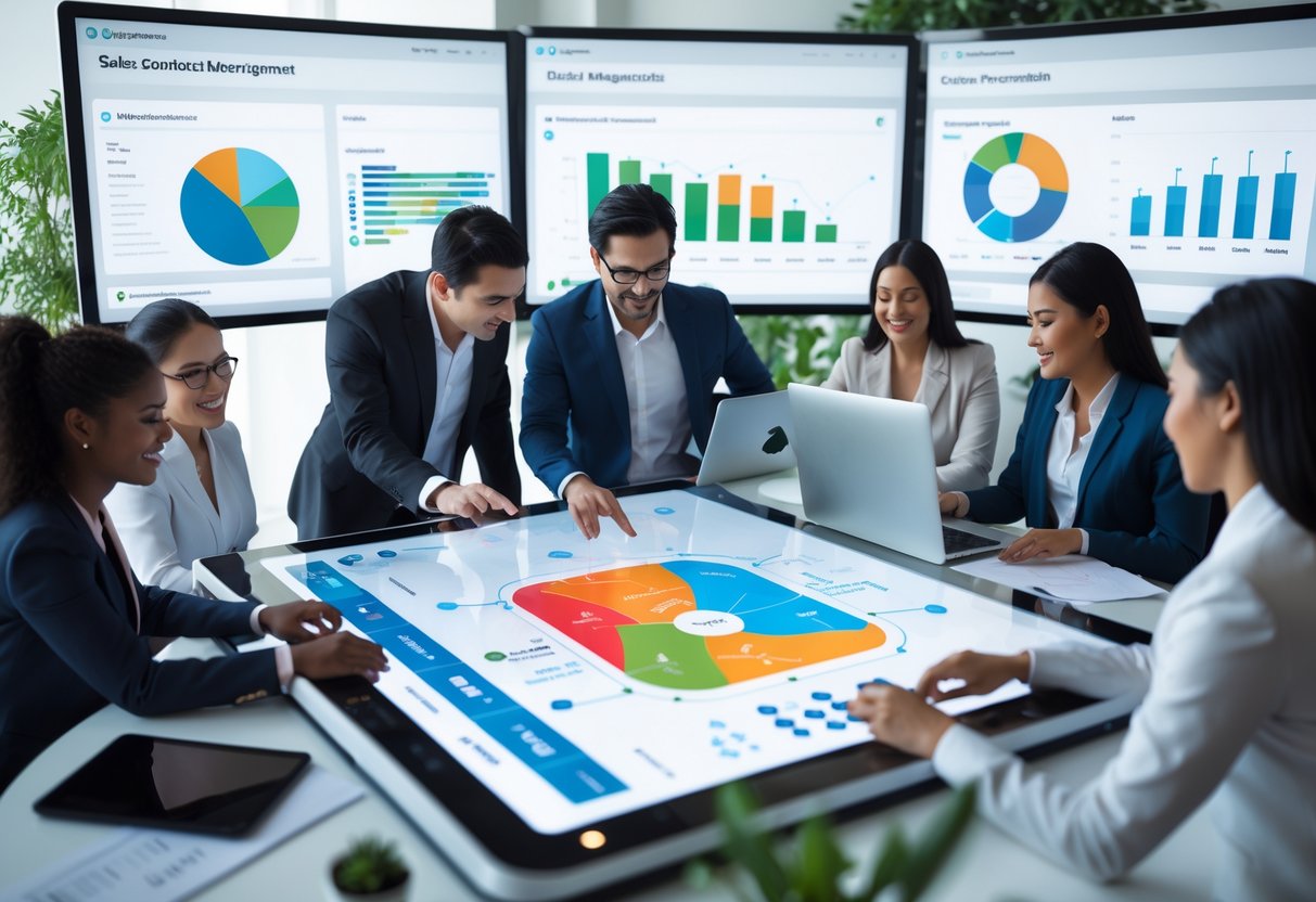 A group of business professionals collaborating around a digital touchscreen table with sales and marketing data in a modern office.