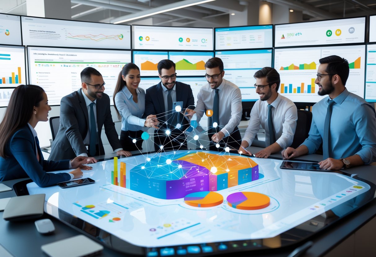 A group of business professionals collaborating around a digital touchscreen table with graphs and charts in a modern office setting.