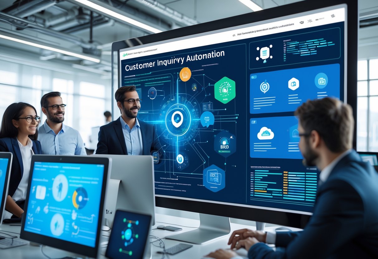 A group of professionals working together around a digital touchscreen display showing data and automation workflows in a modern office.