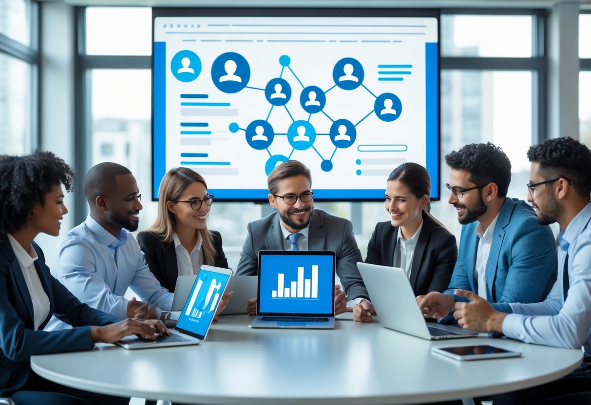 A group of business professionals collaborating around a table with digital devices and a screen showing interconnected user icons representing a referral network.